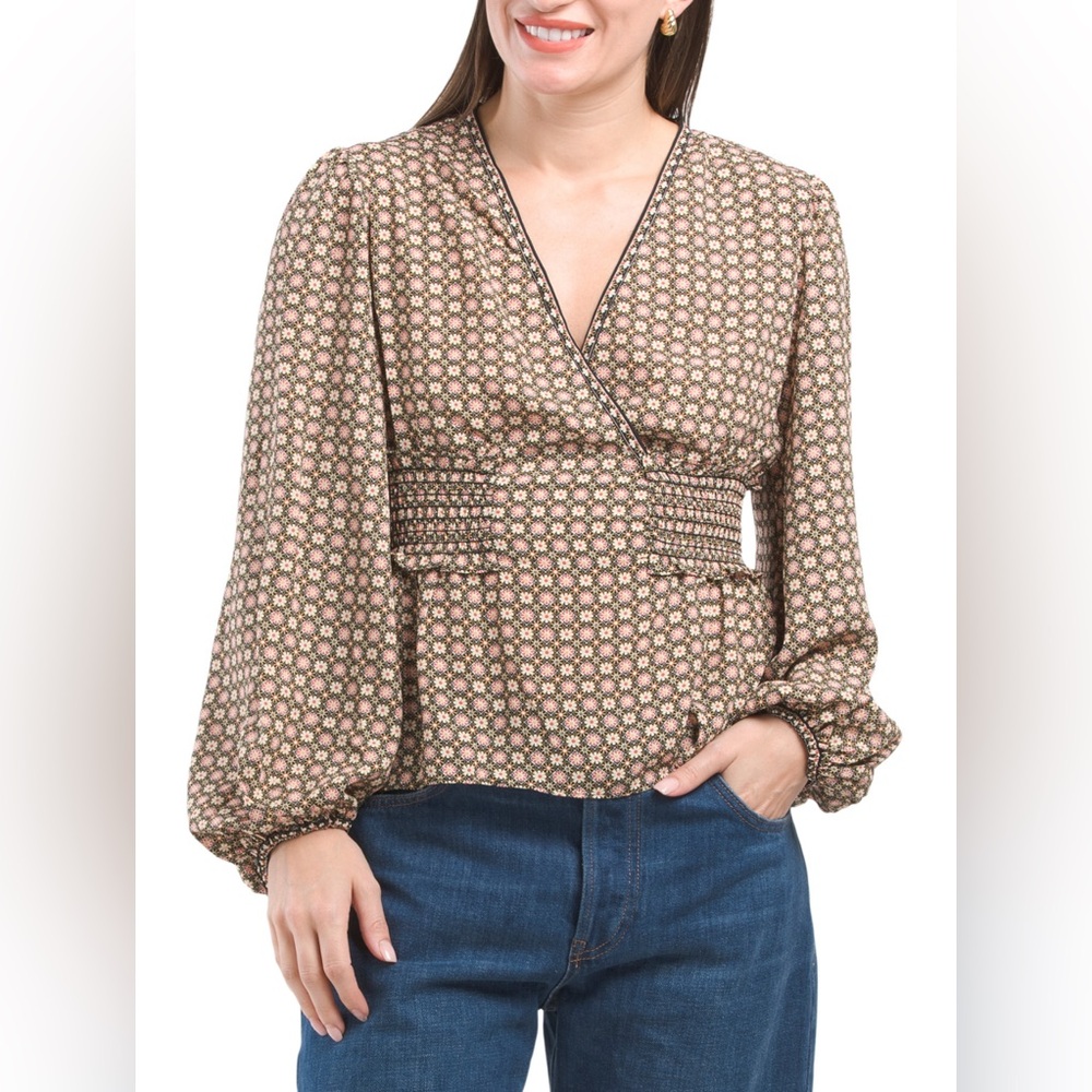NWT Max Studio Floral Wrap Blouse with Smocked Waist – Size S